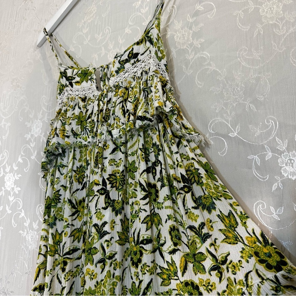 Free People Clemente Yellow Green Babydoll Ruffle Tie Mini Floral Dress SMALL - Picture 7 of 13